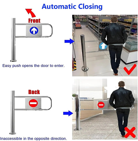 Heavy Duty Spring Loaded Swing Gate Built Like A Tank Self Closing Safety Door illustration showing automatic closing for safe entry.