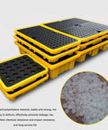 Stacked oil spill containment trays for garage and shop, anti-slip polyethylene platform, modular leakproof pallets
