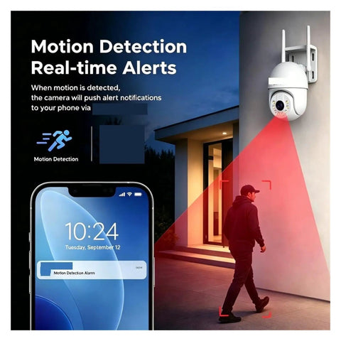 Dope 4K PTZ WiFi Security Camera With Smart Auto Tracking And Dual Night Vision Smooth Ball Design detecting motion with alerts.