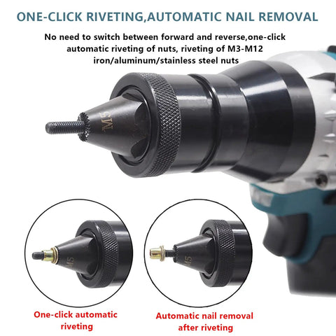 Slick Cordless Two In One Rivet Nut Gun And Pop Rivet Tool With Dual Batteries showing automatic riveter with one-click function.