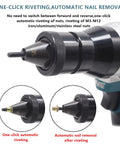 Pro Grade 2 In 1 Cordless Rivet Nut Gun With 5200mAh Battery, Portable Automatic Pop Rivet Tool Kit close-up showing one-click riveting and automatic nail removal.