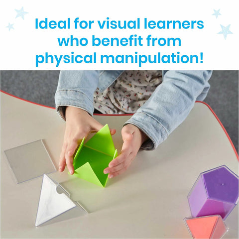 Child assembling a green foldable 3D shape from Foldable 3D Geometry Shapes Set for Classrooms, Hands On Geometry Manipulatives.