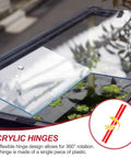 Clear Acrylic Flexible Hinges For Cabinets 300X35mm with 360 degree rotation shown on a glass display.