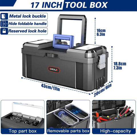 17-inch toolbox with metal lock, hideable handle, and storage compartments; part of 3 In 1 Rolling Toolbox With Wheels, Stackable Modular Tool Storage System, Portable Toolbox With Detachable Parts Box Organizer, Ideal For Garages, Home DIY Projects, And Workshop Organization On The Go.
