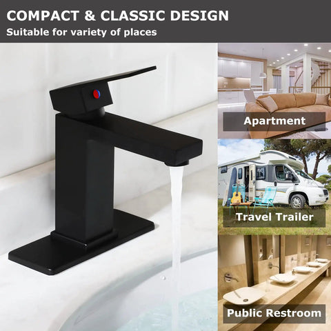 Brass Single-Handle Bathroom Sink Faucet With Escutcheon, Pop Up Drain, And Water Supply Hoses, Matte Black Finish, shown in use.