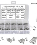 410 Piece Tiny Button Head Hex Socket Cap Screws Kit In 304 Stainless Steel With M2 Through M20 Sizes Zero Point Four Millimeter Pitch Includes Nuts Washers And Hex Keys For Micro Fastening Projects in a transparent box with compartments showing screws, nuts, washers and hex key.