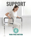 Legit Rock Solid Toilet Safety Rails, 350 Lbs Capacity Adjustable Grab Bars, user demonstrating support while sitting.