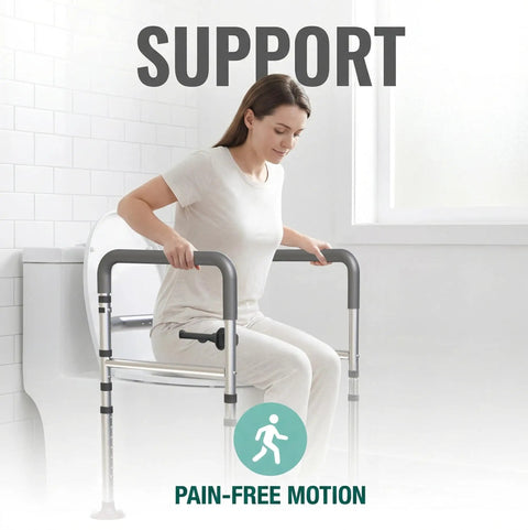 Legit Rock Solid Toilet Safety Rails, 350 Lbs Capacity Adjustable Grab Bars, user demonstrating support while sitting.