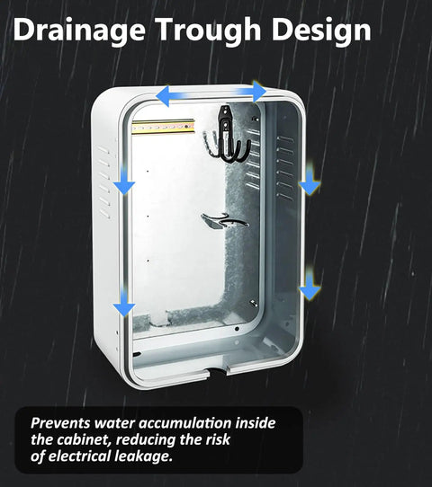 Drainage trough design inside a heavy duty galvanized steel outdoor EV charger enclosure box ensuring weather protection.