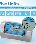 2 Inch Digital Turbine Flow Meter With LCD Display showing five units for diesel, gasoline, and water with NPT thread, 15.8-132 GPM.