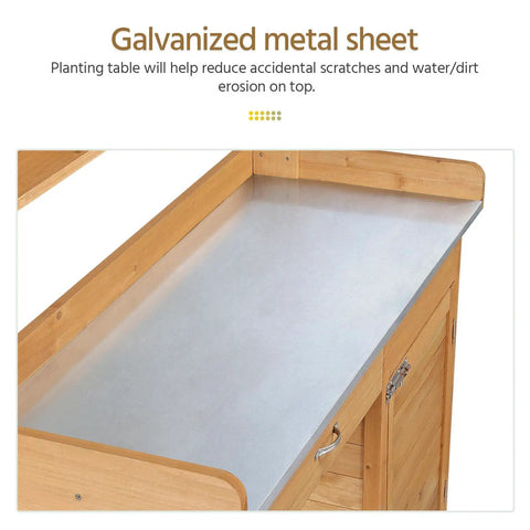 Close-up of metal tabletop on outdoor garden potting bench with wood tabletop and open shelf cabinet drawer dope fir wood workstation for potting plants herbs veggies and DIY garden projects.