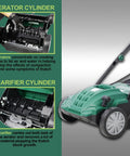 Two In One Electric Dethatcher And Scarifier For Lawns 13 Inch Walk Behind Dethatcher with images of aerator and scarifier cylinders