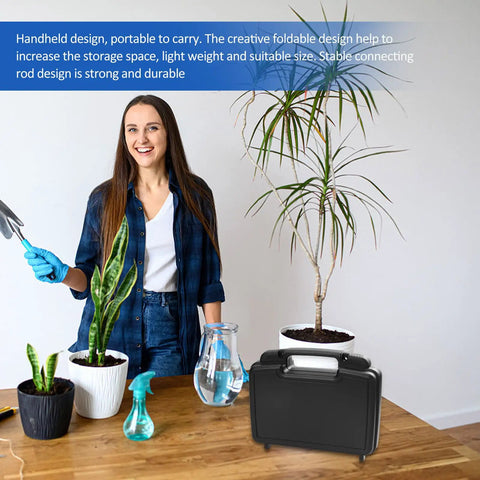 Rock Solid Portable Plastic Toolbox Organizer With Reinforced Carrying Handle Built For Weekend Warriors And Licensed Electricians on a table with potted plants.