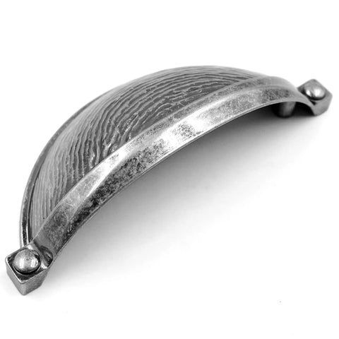 Aged Silver Molten Texture Cup Pulls 3 Inch Hole Centers 6 Pack Vintage Drawer Handles For Kitchen Cabinets And Dressers viewed from the side.