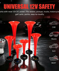 Badass Godfather Musical Air Horn With Six Loud Red Trumpets And Heavy Duty 12 Volt Compressor Built For Custom Rigs And Night Cruisers That Truly Slap, includes six red trumpet horns and compressor.