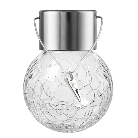 Close-up of a 12 Pack Hanging Solar Cracked Glass Globe Lights Outdoor Waterproof Lanterns With Handle Clip No Wiring Easy Install.