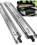 Pro Shop Grade Locking Drawer Slides Side Mount Full Extension Ball Bearing Runners With Removable Security Handles For Garage Drawers And Pickup Rigs 150 Pound Load Capacity One Pair Twelve Inch Track - polished metal slides showcased.