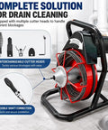 Reliable Eight Piece Drain Snaking Tool Head Set For General Mini Rooters To Break Up Tough Gunk And Clear Drain Lines Like A Boss Without Breaking A Sweat, showing interchangeable cutter heads on a drain cleaning machine.