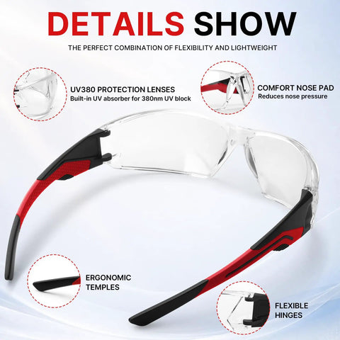 Thirty Pack Clear Safety Glasses For Men Bulk Hustle Ready Wrap Around Fit Keeps Sight Crystal Clean ANSI Certified with black and red details
