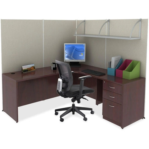 Boss Grade 60 Inch Overhead Panel Shelf For Cubicle Partitions And Fabric Room Dividers With Heavy Duty Steel Construction and Curved Mounts in an office setup.