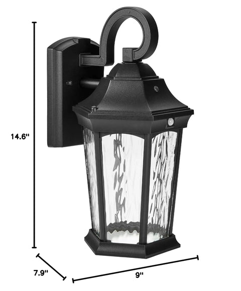 Heavy Duty Led Motion Sensor Outdoor Wall Light With 800 Lumens Super Bright 3000K Warm White Glow, Dusk To Dawn Safety Switch showing black metal frame and clear water glass.