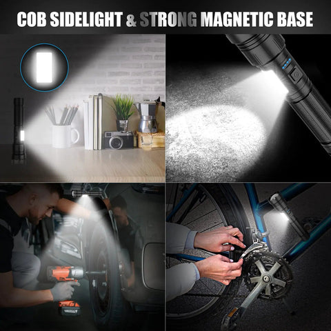 Magnetic Rechargeable Flashlight With Beast Bright LED Beam, USB C Charging, illustrating four uses including car and bike repair.