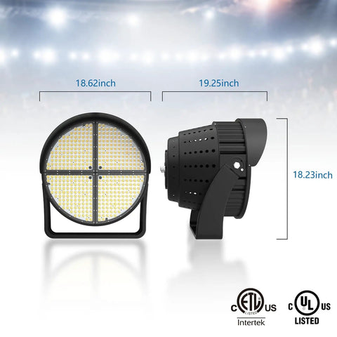 Heavy Duty Led Stadium Light 1200W Pumps Out 162K Lumens With A Hard Hitting 15 Degree Beam, side and front view with size details.
