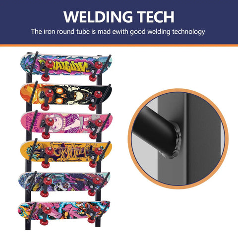 Rad Six Tier Skateboard Wall Mount And Snowboard Rack Heavy Duty Horizontal Board Hanger showing six colorful skateboards on rack.