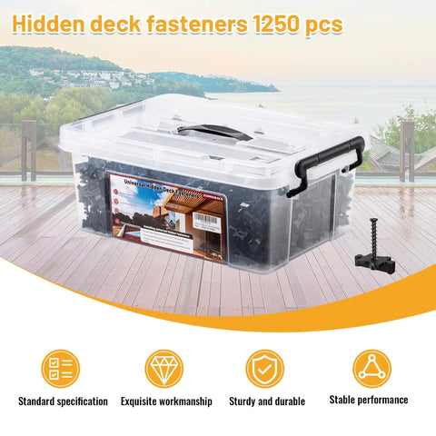 1250 Piece Set Of Universal Hidden Deck Fasteners For Composite Board Systems Featuring Heavy Duty Nylon Clips joined with a clear storage container.