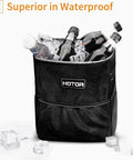Collapsible Car Trash Bag With Adjustable Headrest Strap, Leakproof Two Gallon Vehicle Organizer filled with drinks and ice.