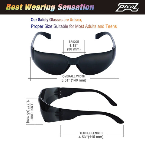 Badass Bulk Pack Safety Glasses Polycarbonate Lenses Black Tinted Antiscratch Impact Resistant ANSI Certified goggles dimensions diagram