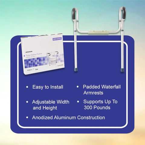 Adjustable Toilet Safety Frame And Rail With Padded Waterfall Armrests Gives You Straight Up Stable Balance As A No Fuss Heavy Duty Bathroom Assist Handle For Seniors on display with packaging.