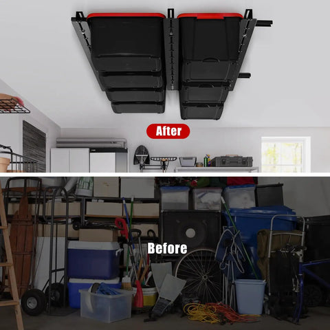 Adjustable Overhead Garage Storage Rack Expandable Ceiling Organizer showing organized bins on ceiling above cluttered garage floor.