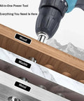 Top Notch Brushless Cordless Drill Set in action on wood, marble, and metal surfaces, showcasing versatility for DIY tasks.