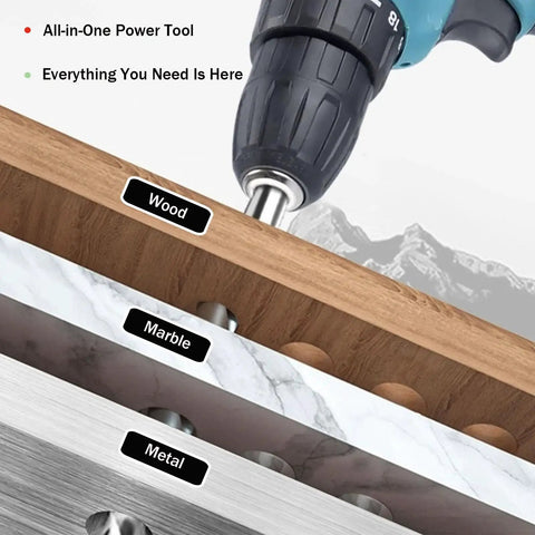 Top Notch Brushless Cordless Drill Set in action on wood, marble, and metal surfaces, showcasing versatility for DIY tasks.