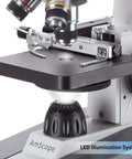 Close-up of Portable Student Microscope With Slide Preparation Kit showing LED Illumination and metal stage.