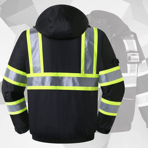 Back view of Hi Vis Waterproof Winter Bomber Jacket With Ten Pockets, 3M Reflective Strips, Secure Tablet Pocket, Detachable Hood