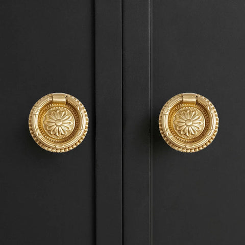 Dope Vintage Solid Brass Ring Pull Drawer Knobs Set Of 20 In Satin Gold Finish With Antique Bronze Accents on black cabinet