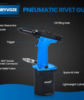 Heavy-Duty Pneumatic Rivet Gun Air Pop Riveter Kit With Wicked Strong Pulling Force For Stainless Steel Aluminum And Iron Supports 1/4, 5/32, 3/16 Inch Rivets Rips Through Metal Easily Pro Grade Power Tool with detailed features.