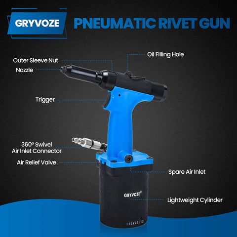 Heavy-Duty Pneumatic Rivet Gun Air Pop Riveter Kit With Wicked Strong Pulling Force For Stainless Steel Aluminum And Iron Supports 1/4, 5/32, 3/16 Inch Rivets Rips Through Metal Easily Pro Grade Power Tool with detailed features.