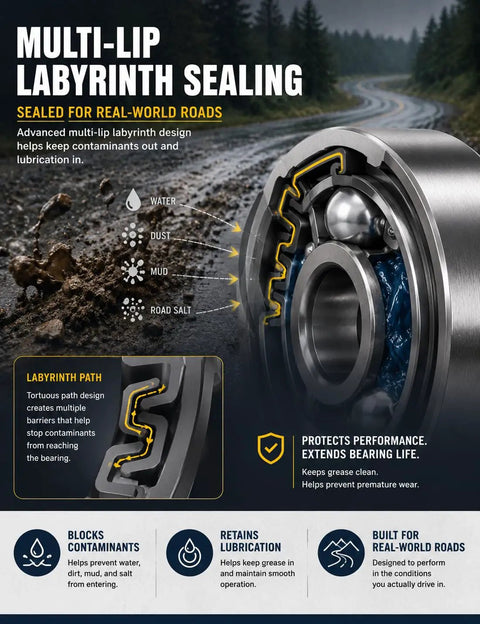 Multi-lip labyrinth sealing diagram highlighting features for Zero Play Rear Wheel Bearing Hub Assembly With Speed Sensor Replacement For Toyota Corolla 2009-2018 Matrix And Pontiac Vibe.