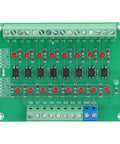 Top view of Eight Channel Optical Isolation Module For 24V To 5V Level Conversion With NPN Output PLC Signal Converter Board.