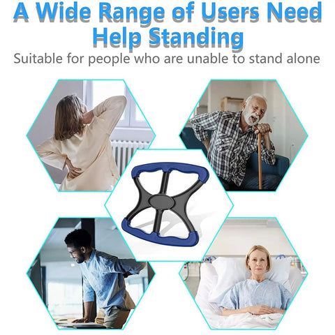 Heavy Duty Standing Aid With Rock Solid Non Slip Handles Portable Lift Assist Bar For Seniors And Bariatric Transfer Go Anywhere Indoors Or Outdoors No Sweat Daily Pull Up Handle Blue, shown with diverse users needing assistance standing.