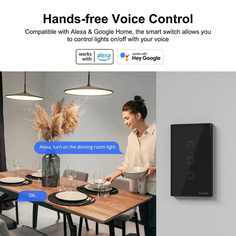 Woman controlling WiFi Smart Light Switch 2.4GHz Touch Wall Switch With Plug And Play Ease That Plays Nice With Alexa And Google Home RF433