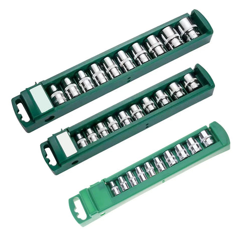 Heavy Duty Car Repair Socket Wrench Drive Head Kit With 3 8 Inch Quick Release Drive, green storage tray, 10 steel sockets.