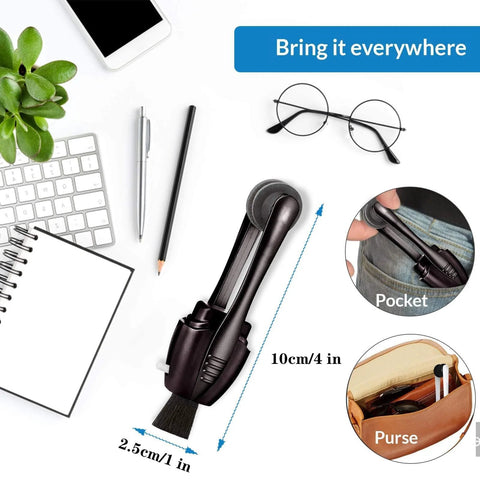 Front view of portable microfiber eyeglass cleaner (3-count) with carbon microfiber pad and built-in brush.