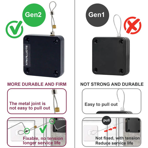 Comparison of Gen2 and Gen1 punch-free automatic sensor door closers with drawstring, focusing on durability and design differences.