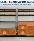 Heavy Duty Five Tier Metal Storage Rack With Adjustable Shelves For Garage Workshop Built Like A Tank Organization System Supporting Four Hundred Pounds Per Shelf Rust Proof Steel showing adjustable shelves with storage bins.