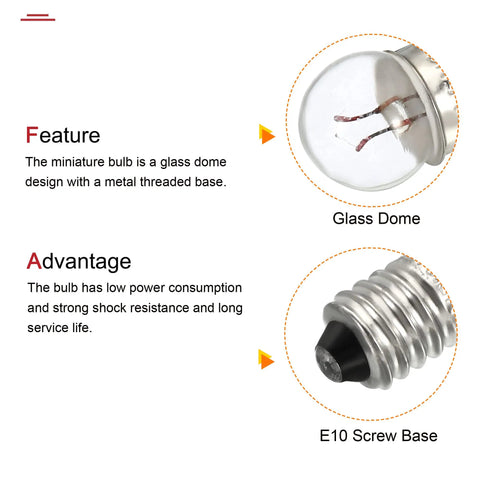 Rock Solid E10 Screw Base Miniature Bulbs 10 Pack 1.5V Warm Yellow Mini Lamps close-up of glass dome and metal base.