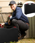 Heavy Duty Portable Plastic Toolbox With Rugged Carry Handle For Hand Tools And Repair Gear shows a man using tools next to a black toolbox.